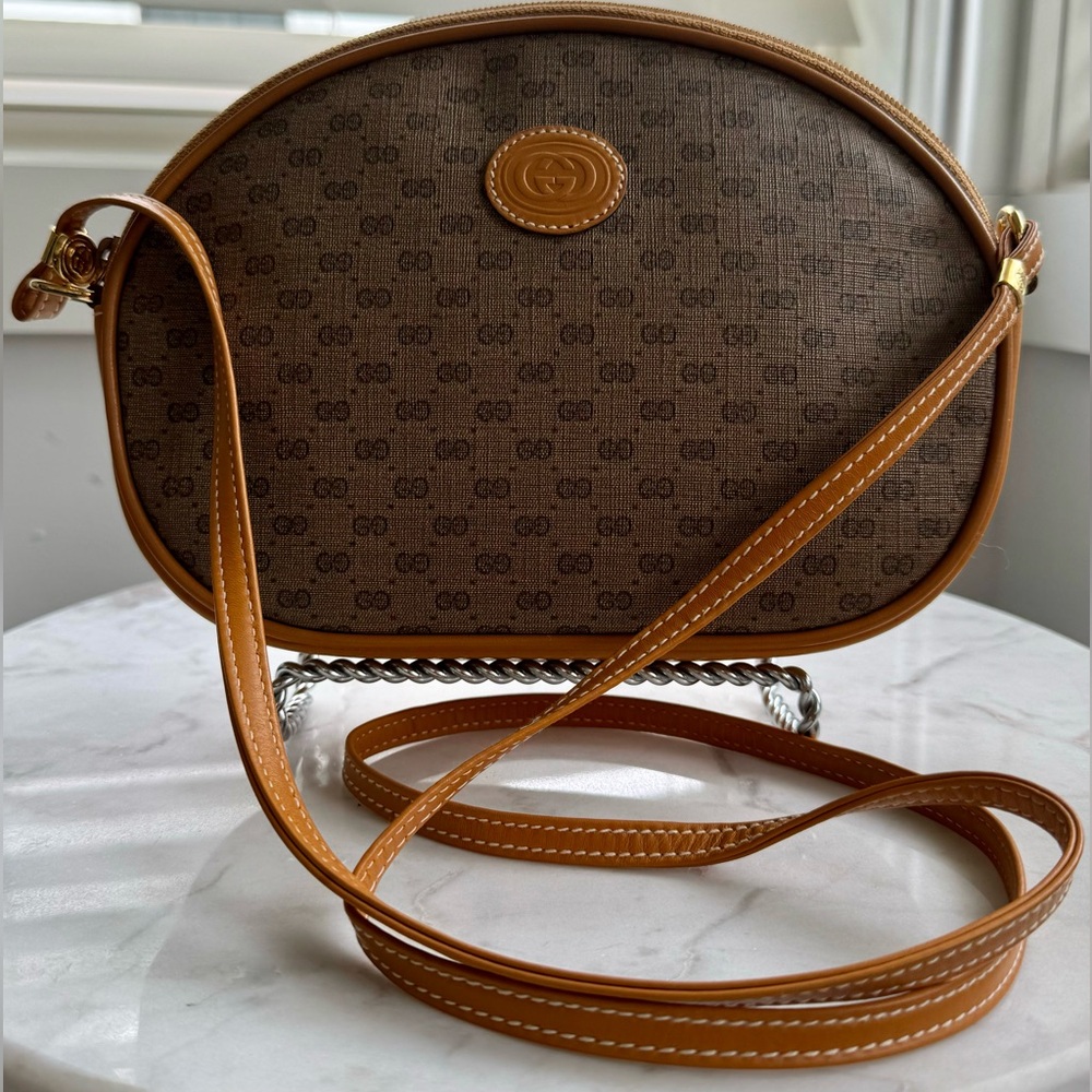 Gucci Brown Monogram Oval Crossbody with Tan Trim